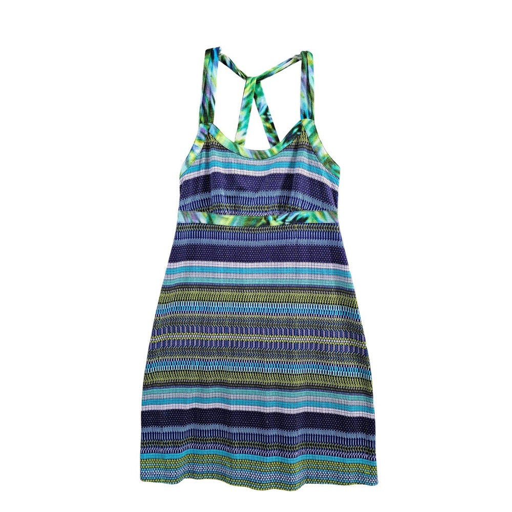 Dakini Dress Womens Large Blue Green Multi Striped Strappy Criss Cross Back Boho